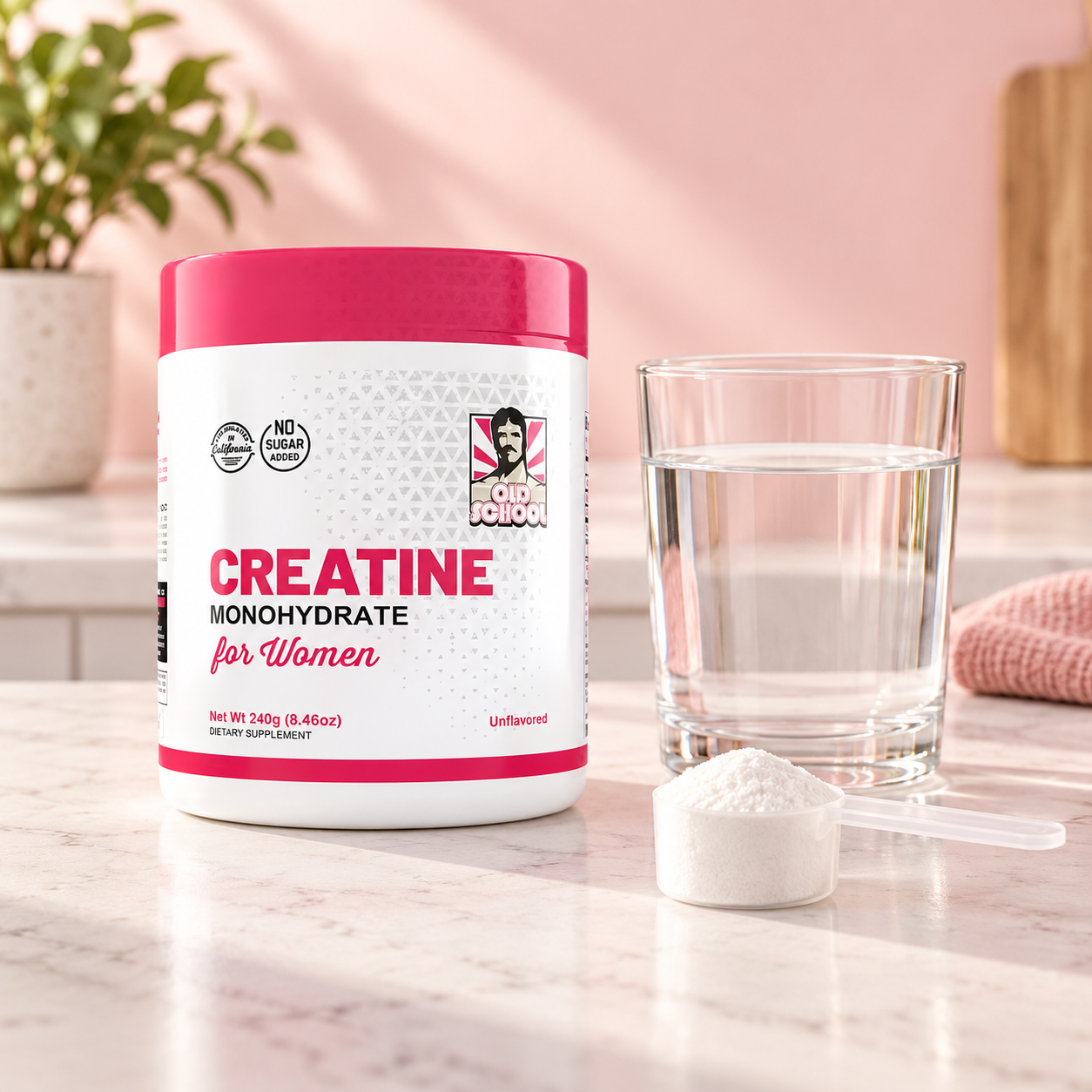 Creatine Woman con scoop y vaso con agua